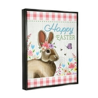 Stupell Happy Easter Floral Gingham Rabbit Holiday Painting Black Floater Framered Art Print Wall Art