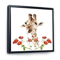 Portret žirafe dizajner sa crvenim cvjetovima I 'Seoska kuća uokvirena platna Zidna umjetnost