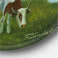 Dizajnerska krava jedu travu ispred jezera 'Farmhouse krug metalna zidna umjetnost - disk od 11