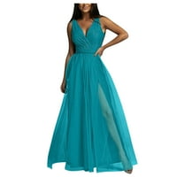 Ljetne haljine za žene Casual gležanj dužine rukav V-izrez čvrst Datum a-Line haljina plava L