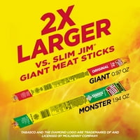 Slim Jim Monster Veličina Tabasco dimljeni zaklopci, monster mesni štapići, 1. oz, ct