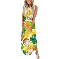 uublik ženska štampana ljetna haljina bez rukava bez prednjeg dekoltea duga haljina na plaži sa džepovima