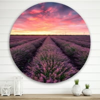 Designart 'Dramatic Clouds and Sunrise Over lavande Field XIV' Farmhouse Circle Metal Wall Art-disk of